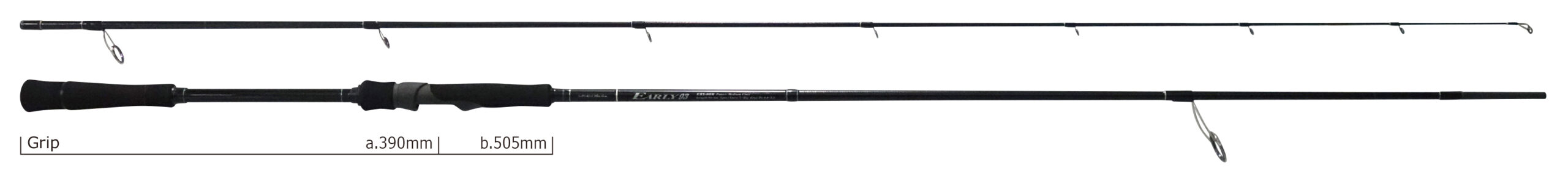 Two-piece fishing rod laid out in full length, with a black grip on the left, reel seat, and line guides along the shaft; labeled lengths a. 390 mm and b. 505 mm.