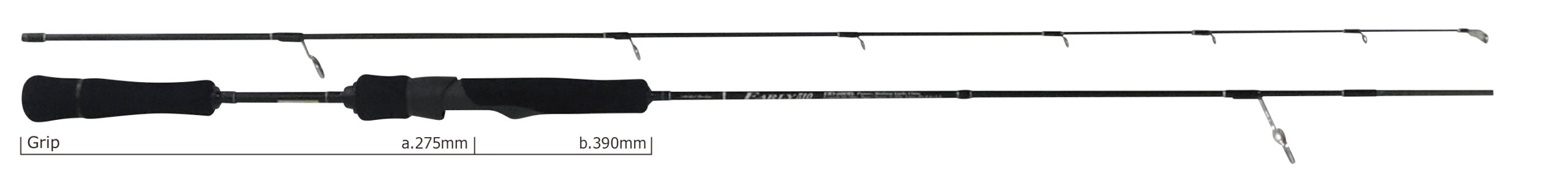 Two-piece fishing rod with a foam grip and multiple guide rings, shown horizontally with labeled measurements (Grip, a.275mm, b.390mm).
